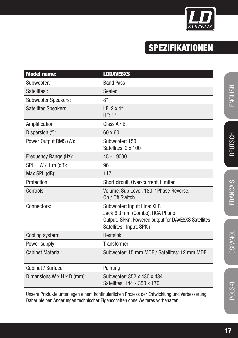 Spezifikationen | LD Systems DAVE 8 XS User Manual | Page 17 / 52