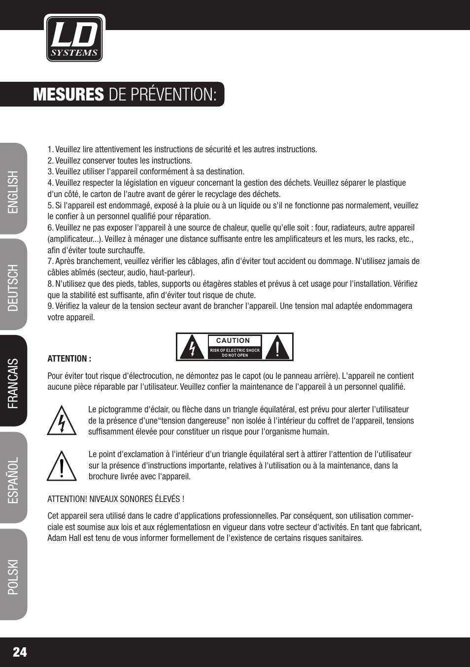 Mesures de prévention | LD Systems DAVE 8 XS User Manual | Page 24 / 52