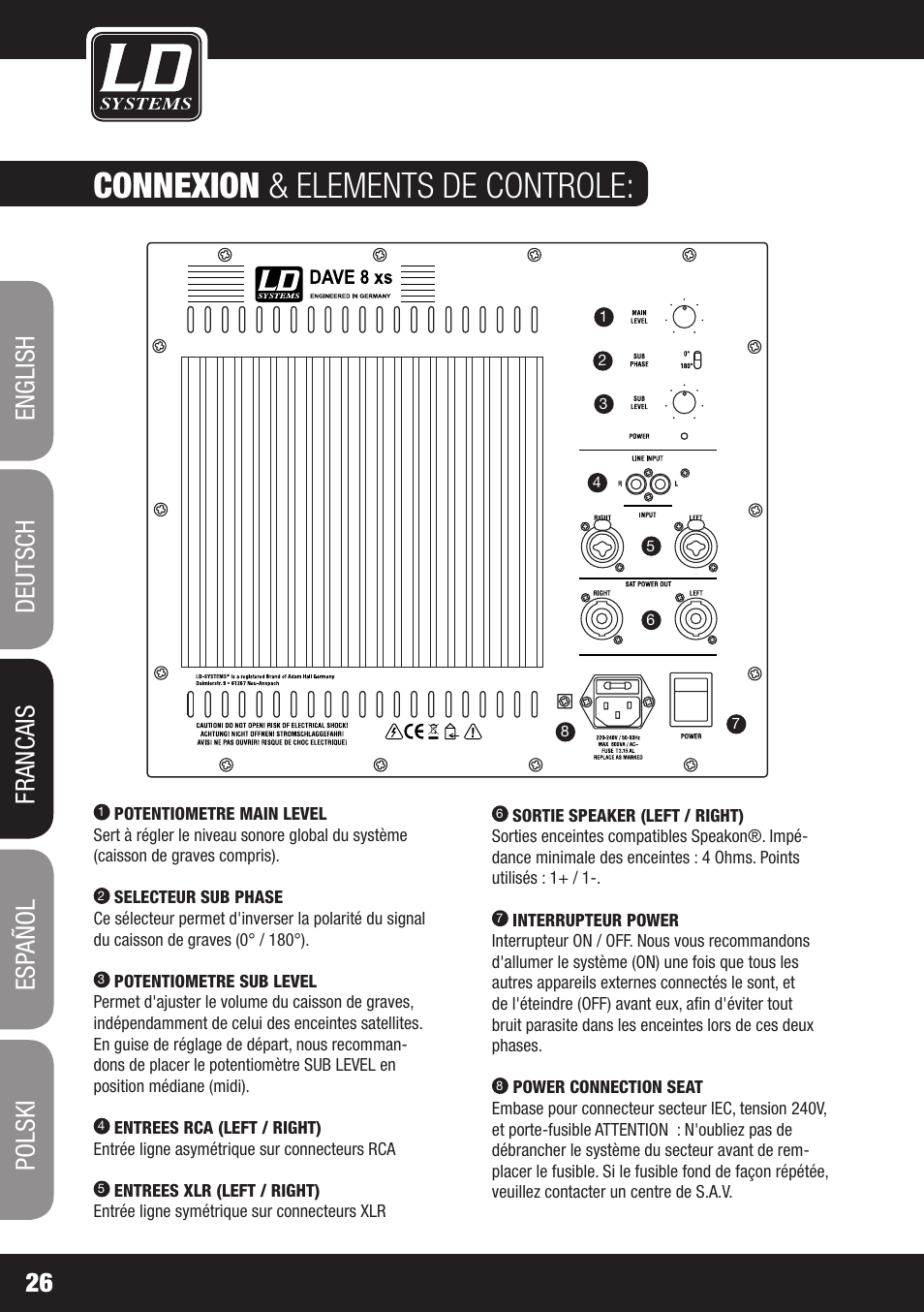 Connexion & elements de controle | LD Systems DAVE 8 XS User Manual | Page 26 / 52