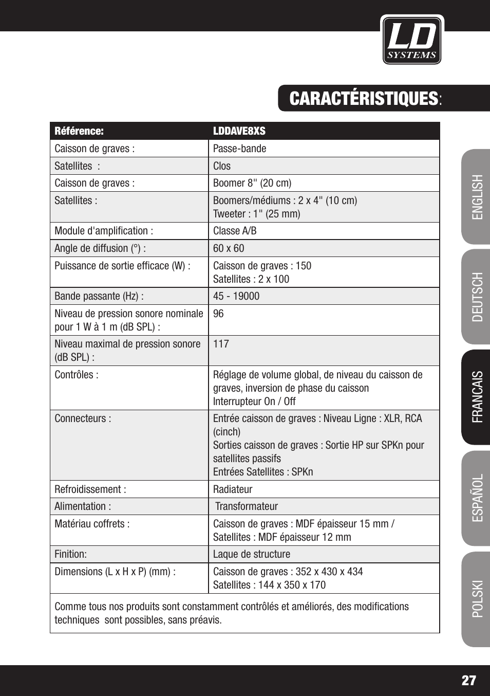Caractéristiques | LD Systems DAVE 8 XS User Manual | Page 27 / 52