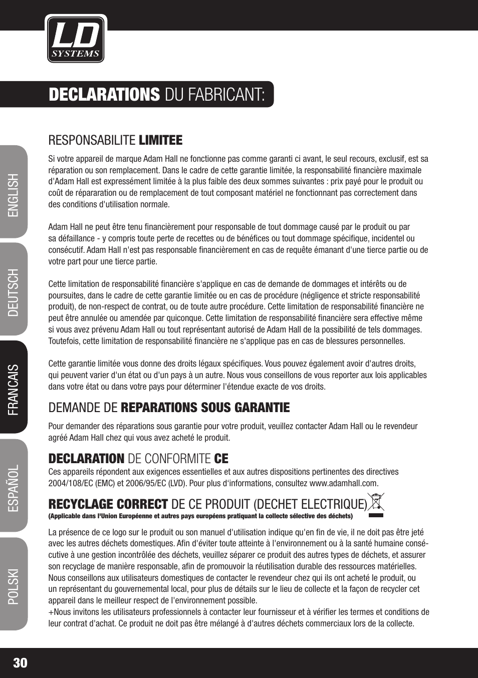 Declarations du fabricant | LD Systems DAVE 8 XS User Manual | Page 30 / 52