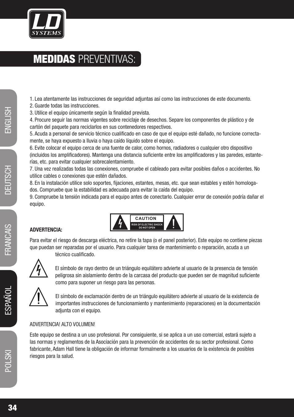 Medidas preventivas | LD Systems DAVE 8 XS User Manual | Page 34 / 52