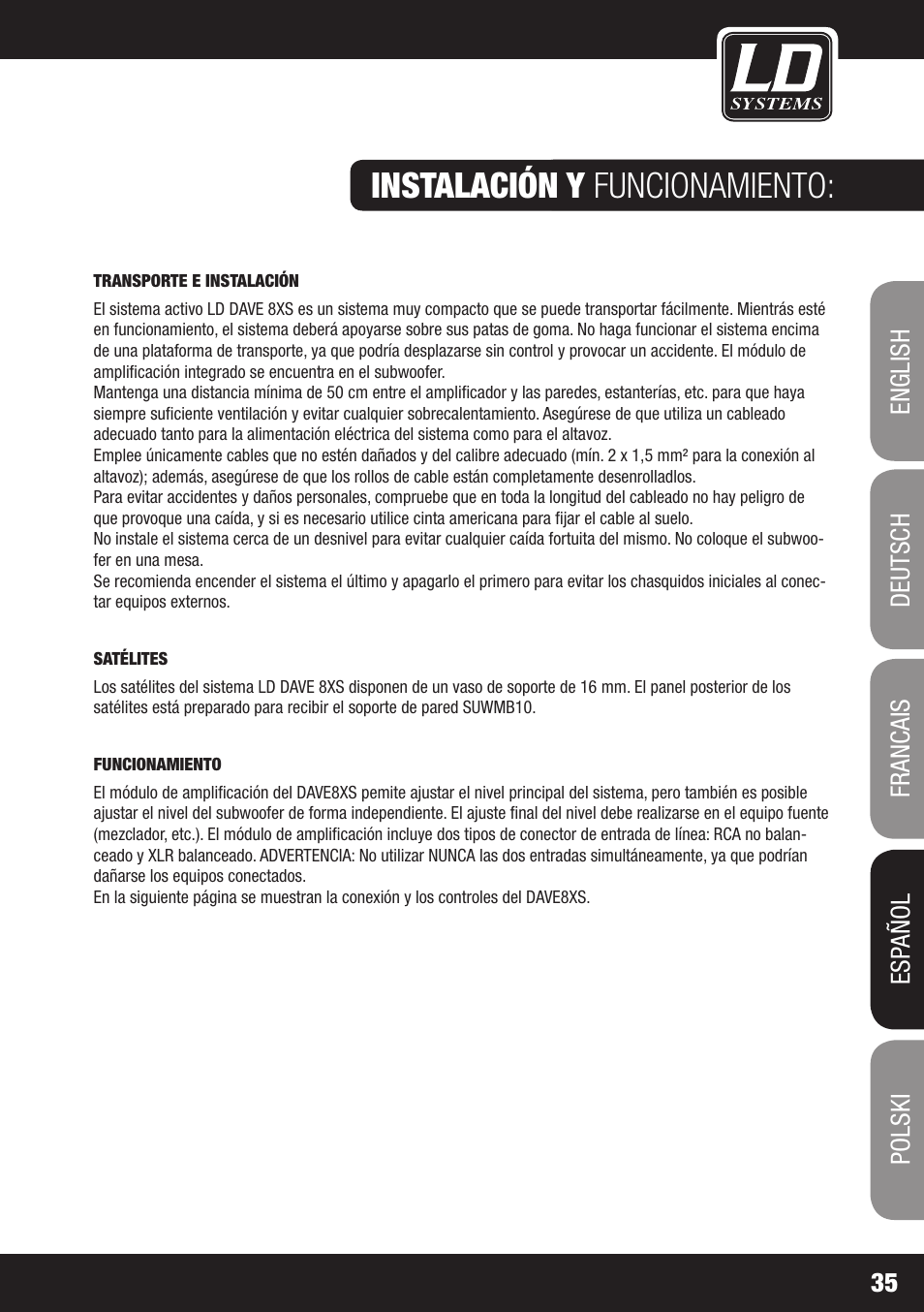 Características : instalación y funcionamiento | LD Systems DAVE 8 XS User Manual | Page 35 / 52
