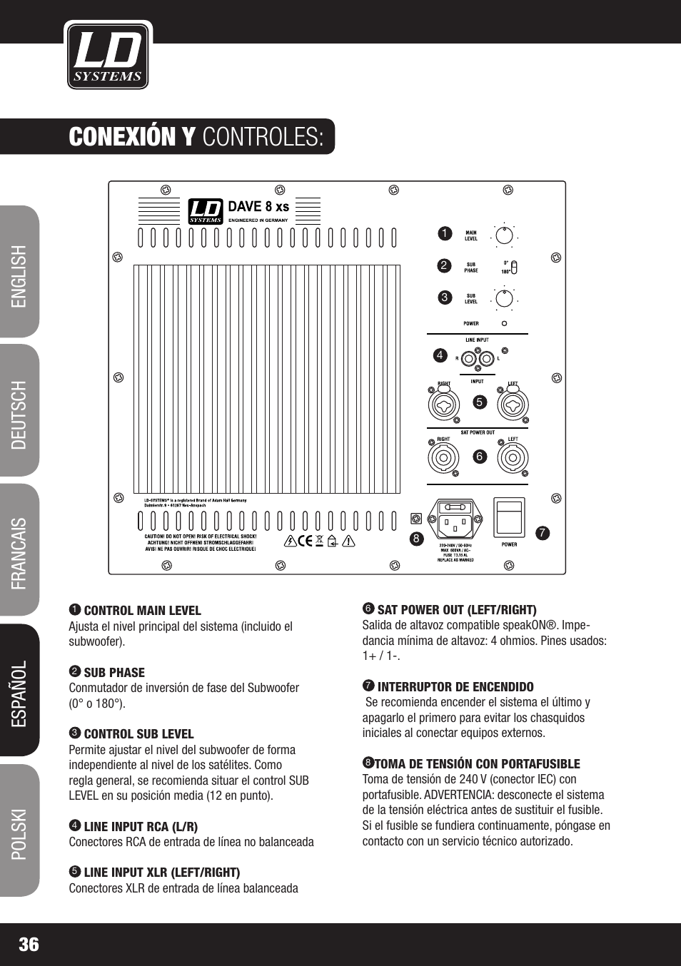 Conexión y controles | LD Systems DAVE 8 XS User Manual | Page 36 / 52