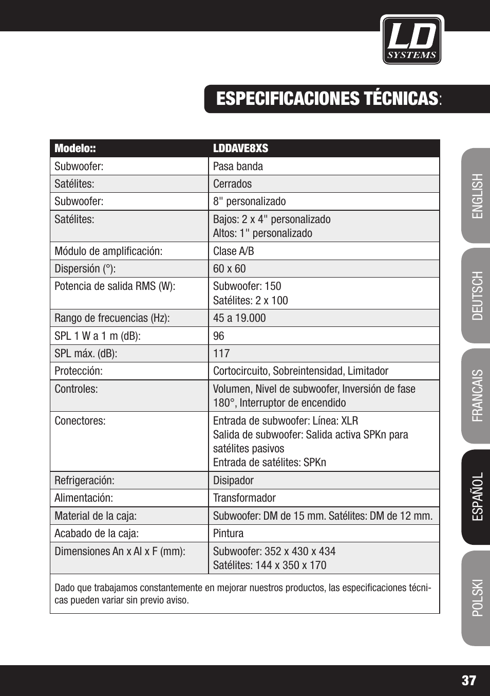 Especificaciones técnicas | LD Systems DAVE 8 XS User Manual | Page 37 / 52