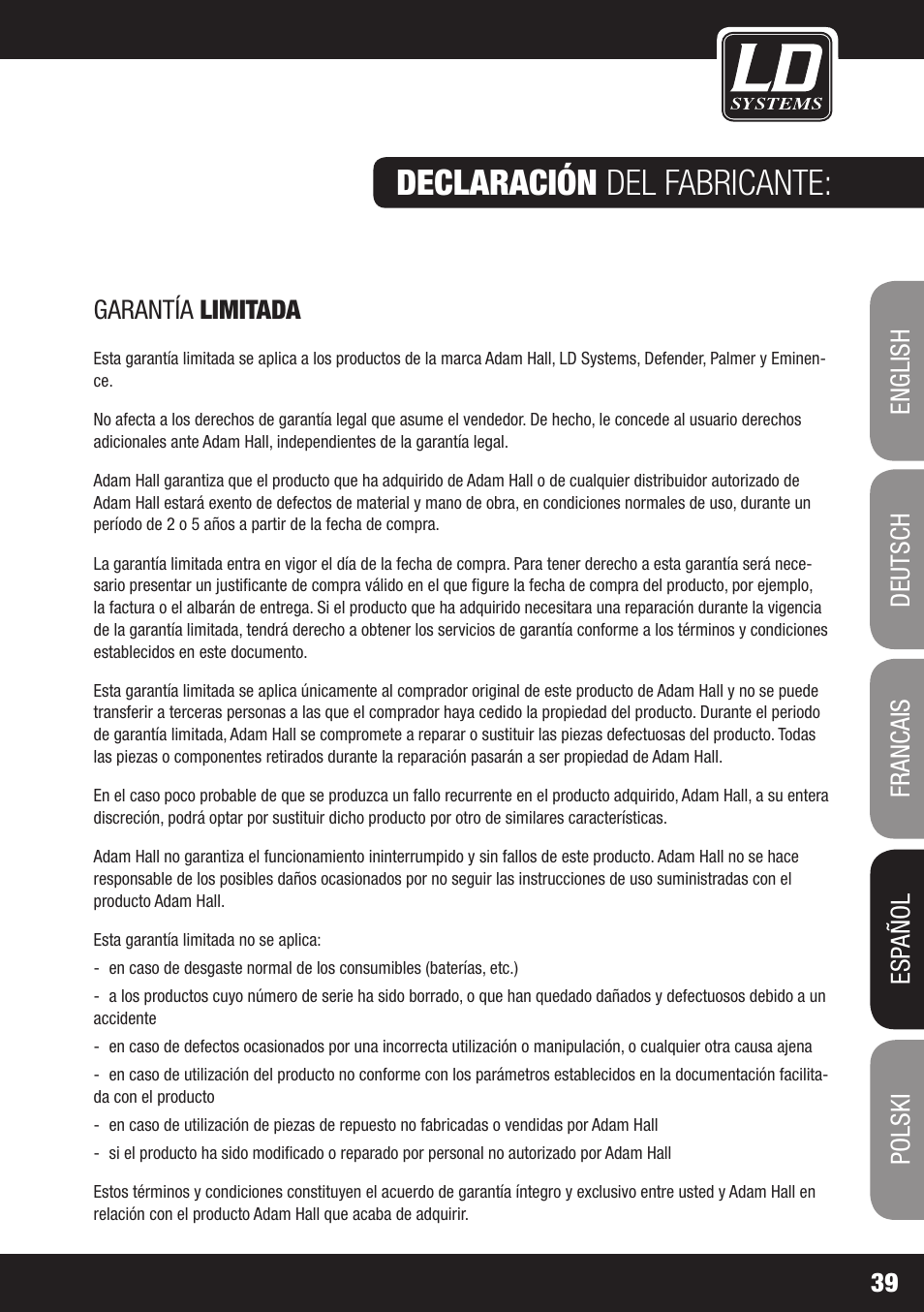 Declaración del fabricante | LD Systems DAVE 8 XS User Manual | Page 39 / 52