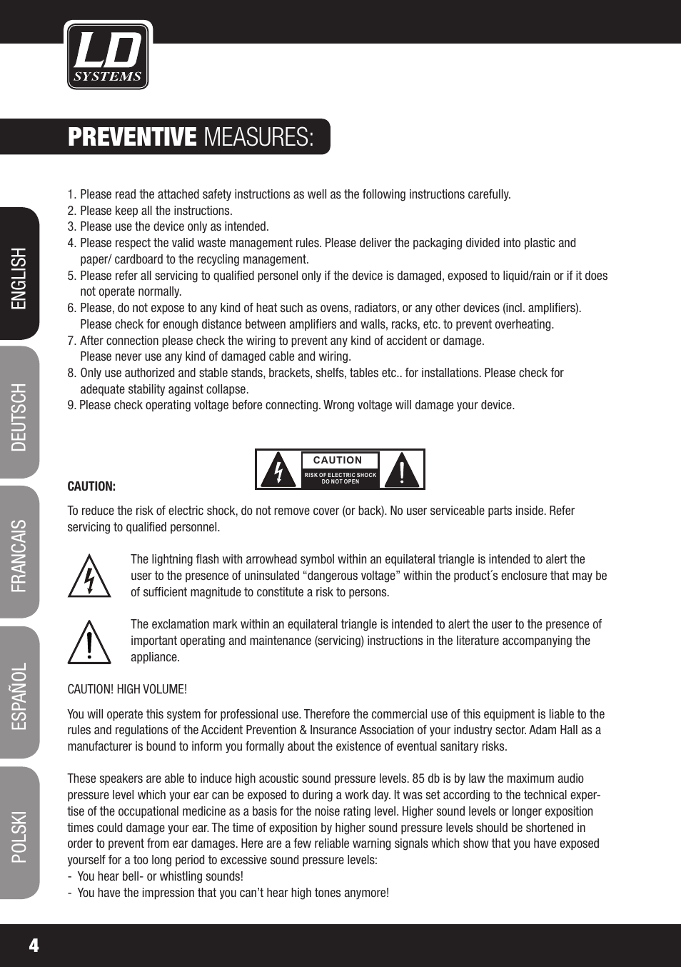 Preventive measures | LD Systems DAVE 8 XS User Manual | Page 4 / 52