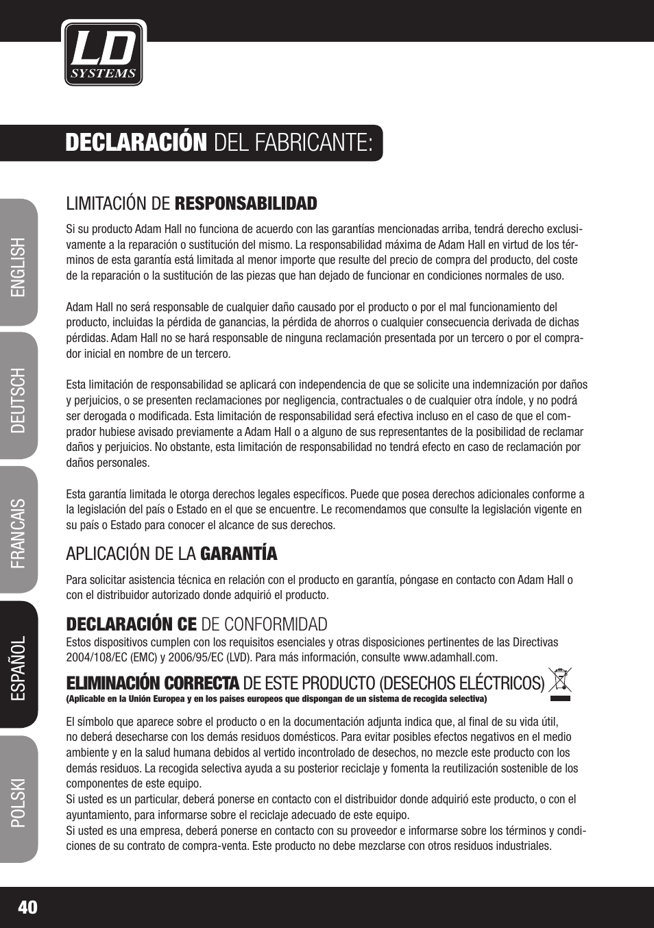 Declaración del fabricante | LD Systems DAVE 8 XS User Manual | Page 40 / 52