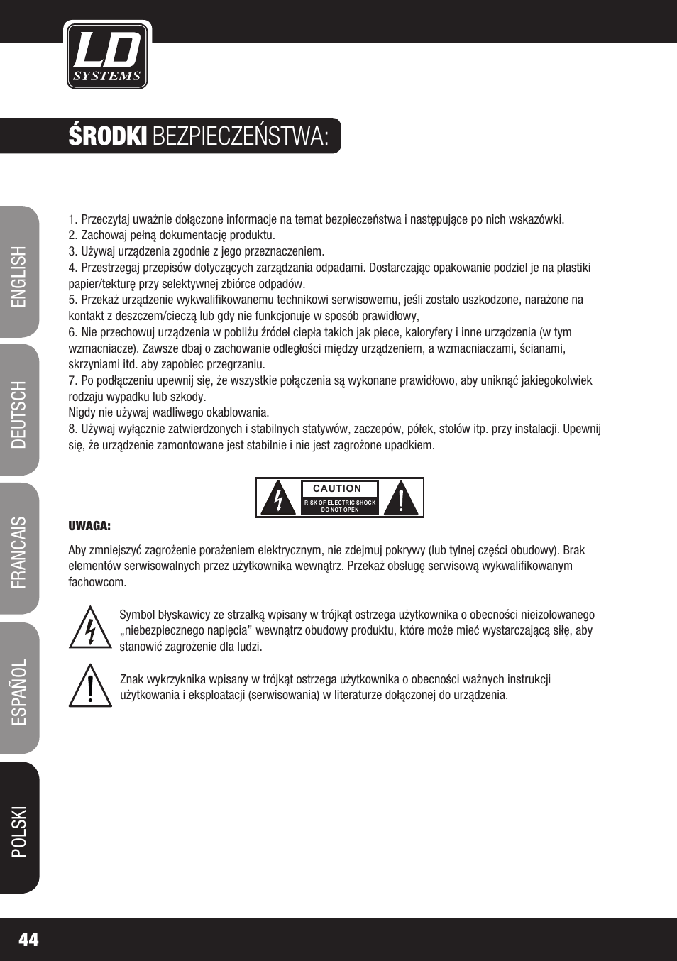 Środki bezpieczeństwa | LD Systems DAVE 8 XS User Manual | Page 44 / 52