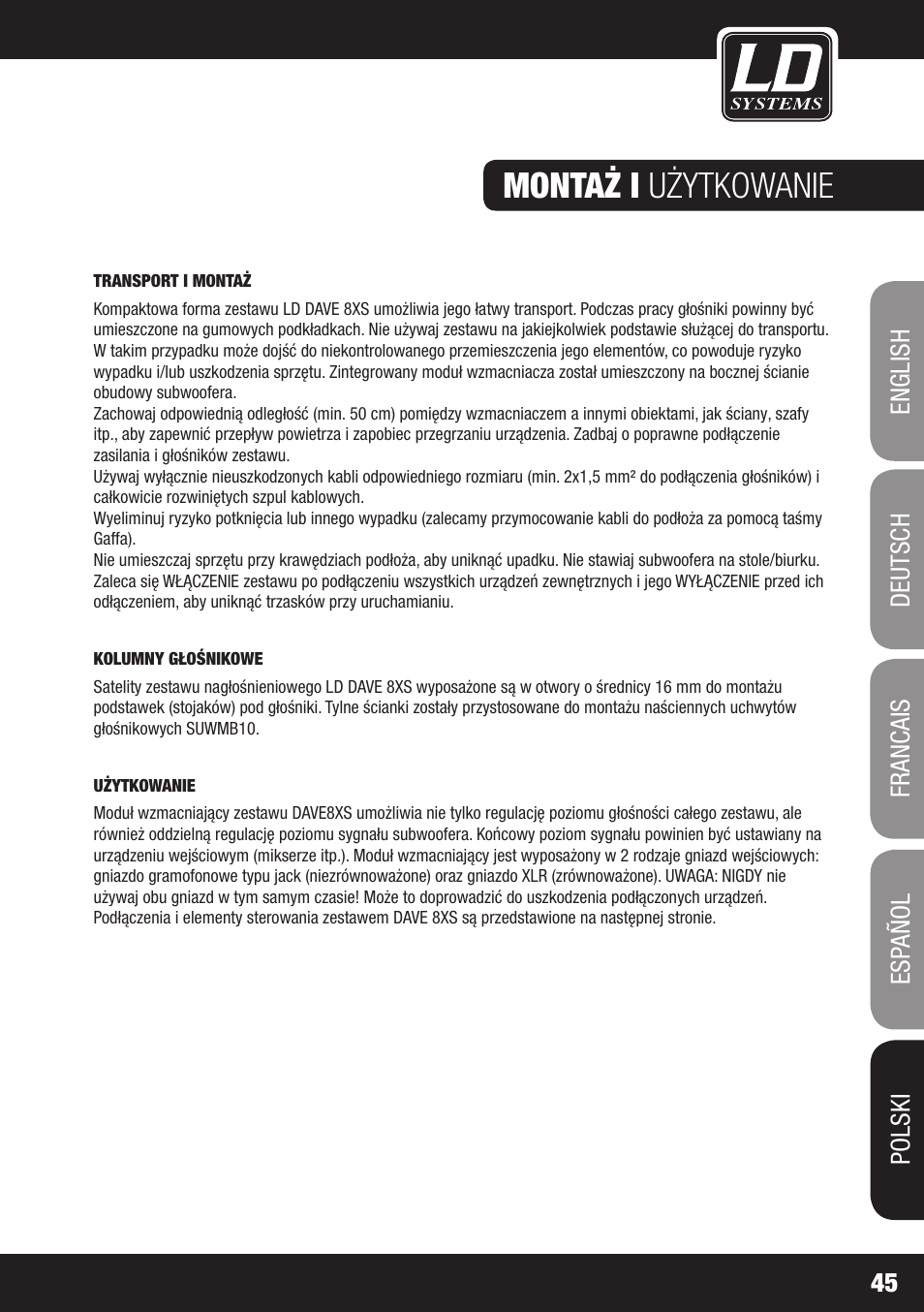 Montaż i użytkowanie | LD Systems DAVE 8 XS User Manual | Page 45 / 52