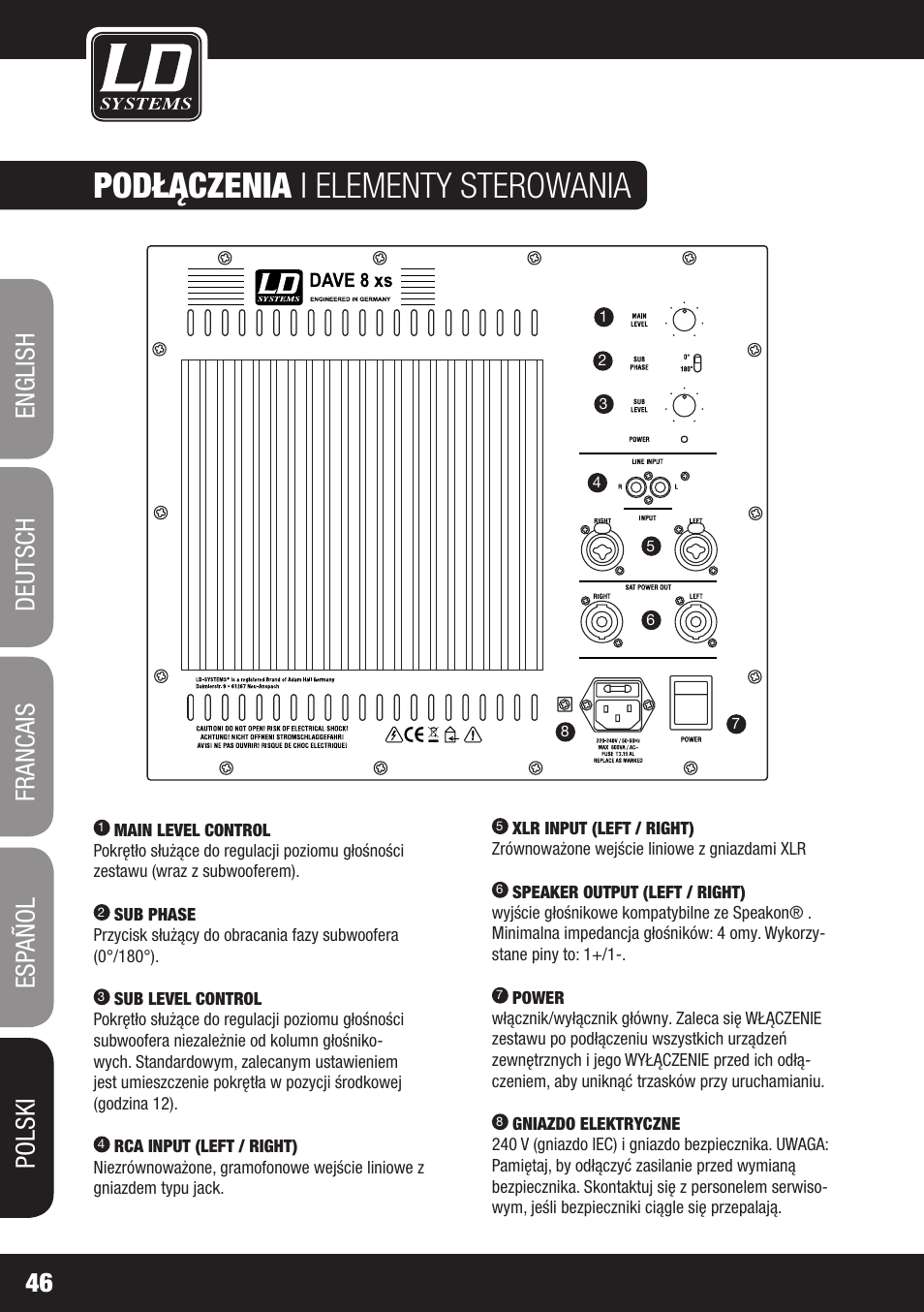 Podłączenia i elementy sterowania | LD Systems DAVE 8 XS User Manual | Page 46 / 52