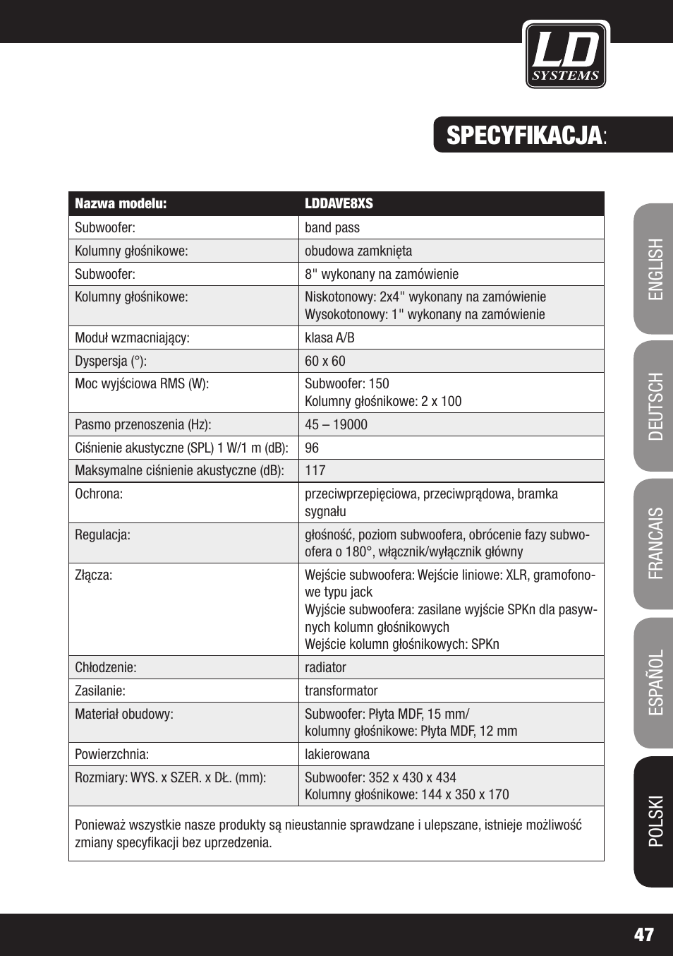 Specyfikacja | LD Systems DAVE 8 XS User Manual | Page 47 / 52
