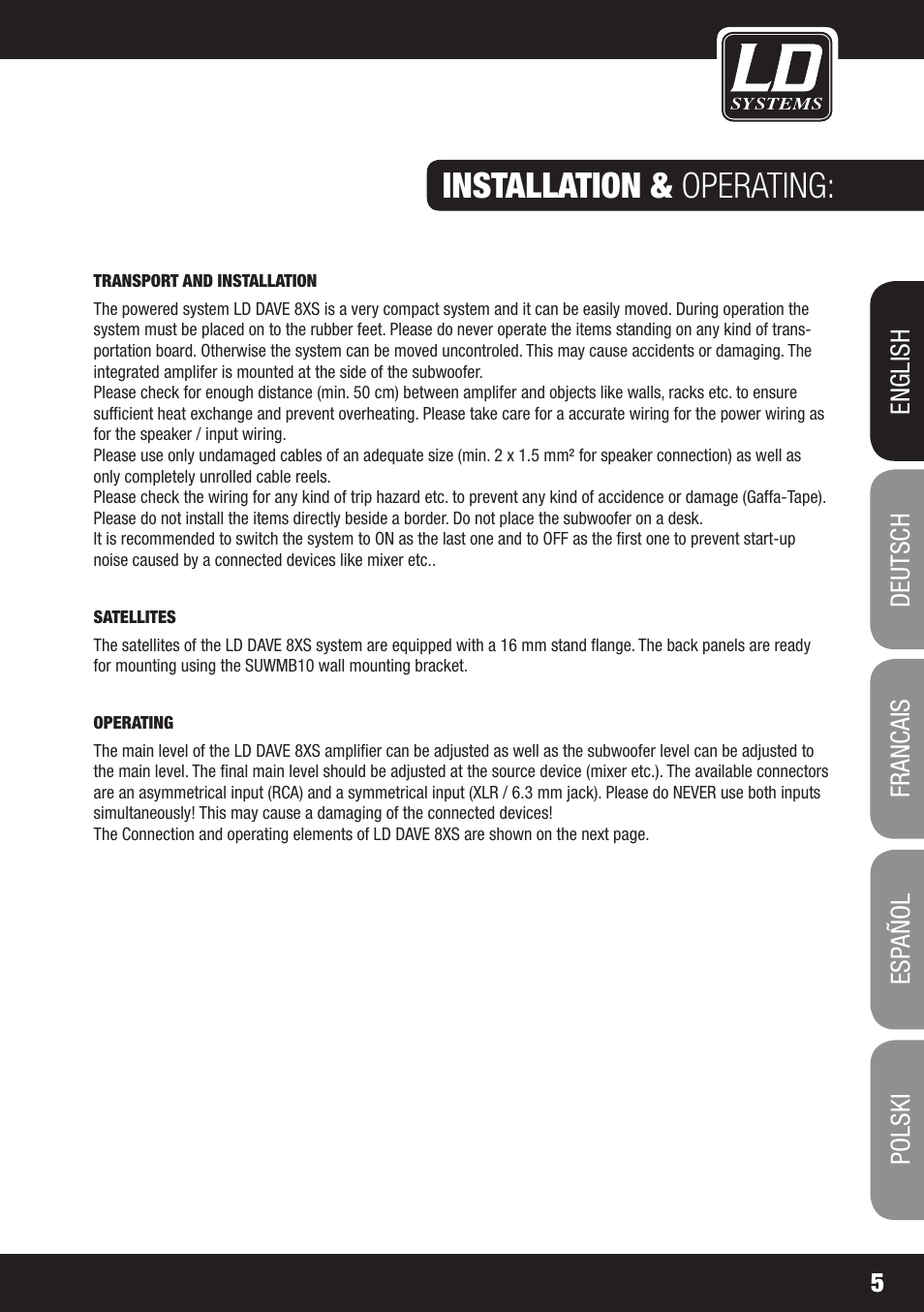 Installation & operating | LD Systems DAVE 8 XS User Manual | Page 5 / 52