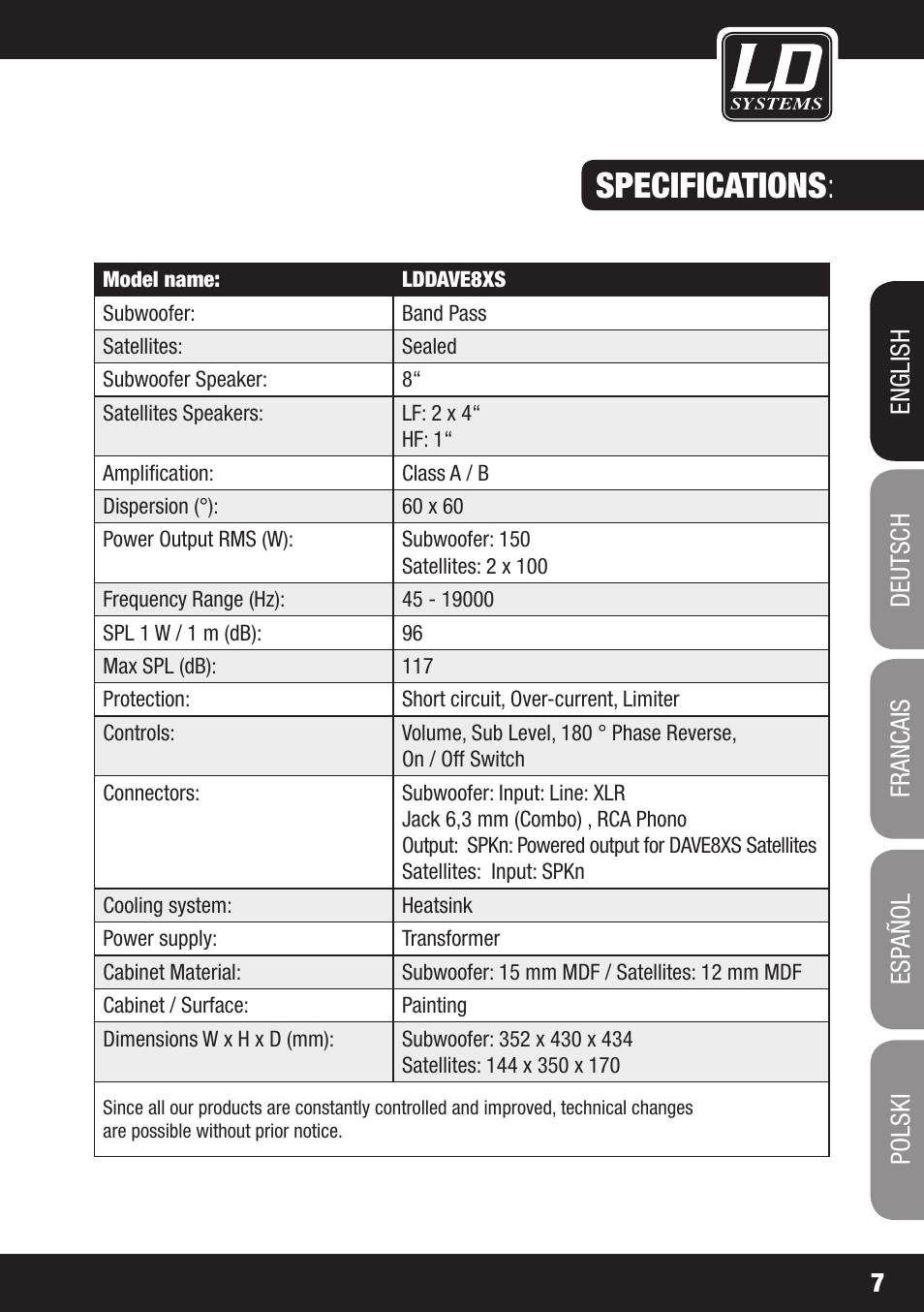 Specifications | LD Systems DAVE 8 XS User Manual | Page 7 / 52