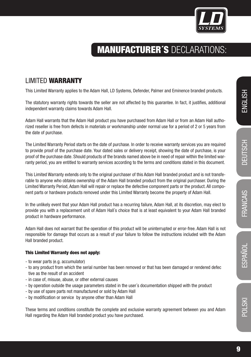 Manufacturer´s declarations | LD Systems DAVE 8 XS User Manual | Page 9 / 52