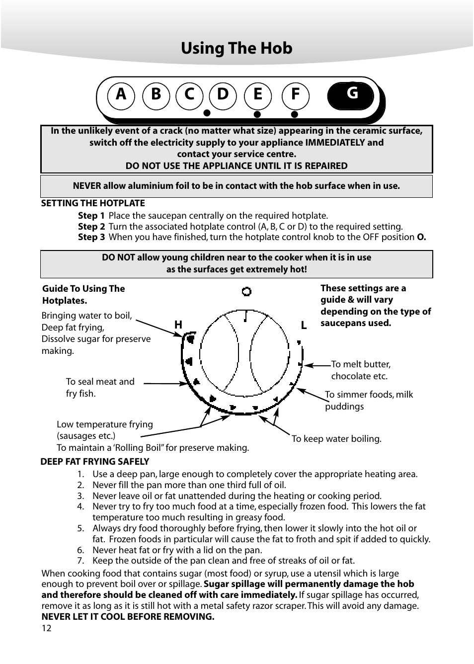 Using the hob, Ab c d e | Creda M152E User Manual | Page 12 / 20