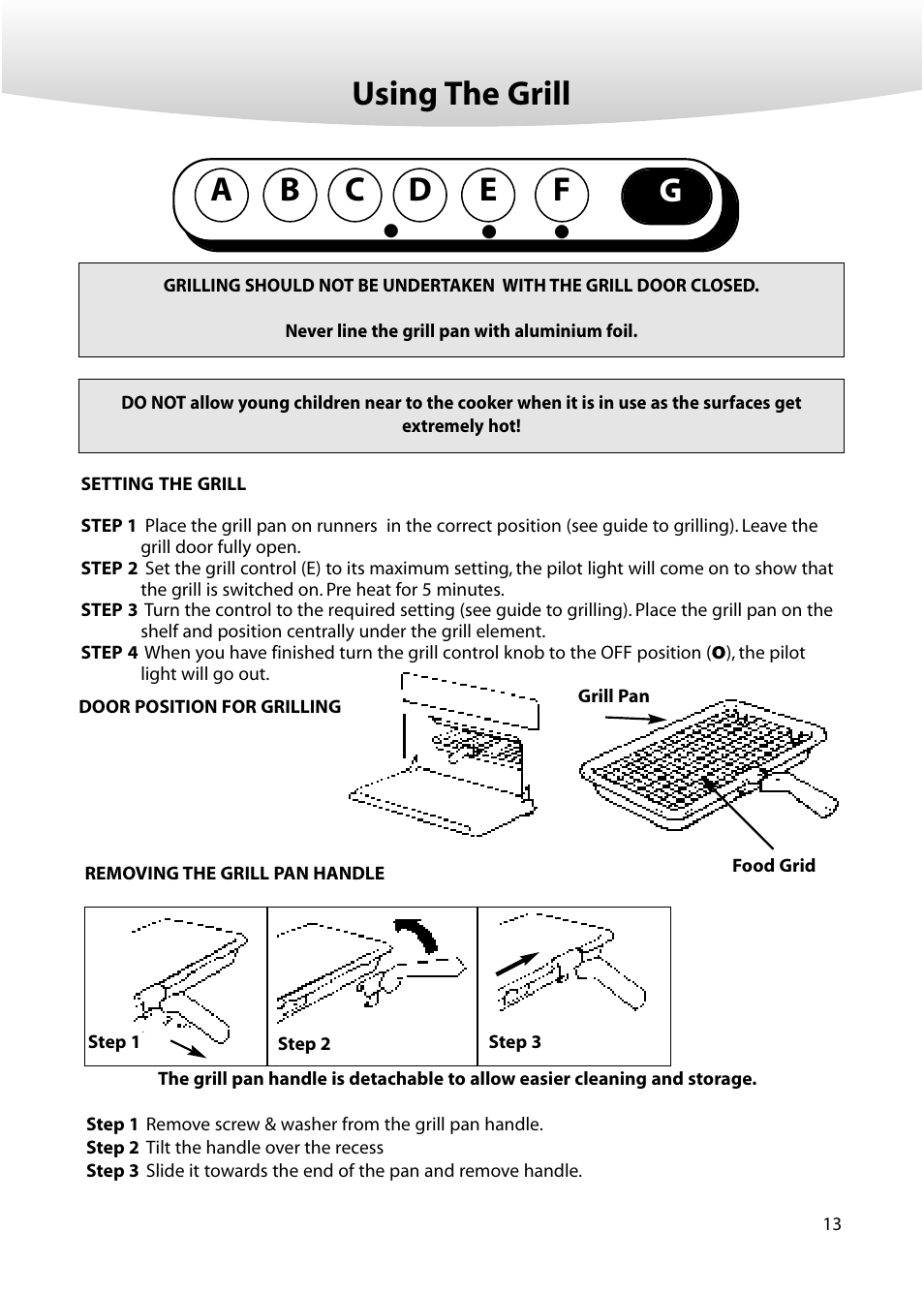 Using the grill, Ab c d e | Creda M152E User Manual | Page 13 / 20