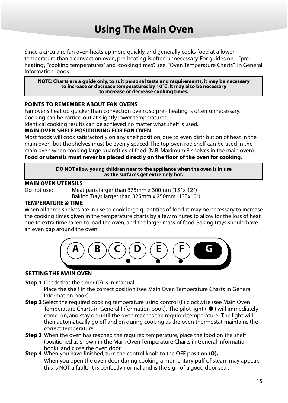 Using the main oven, Ab c d e | Creda M152E User Manual | Page 15 / 20
