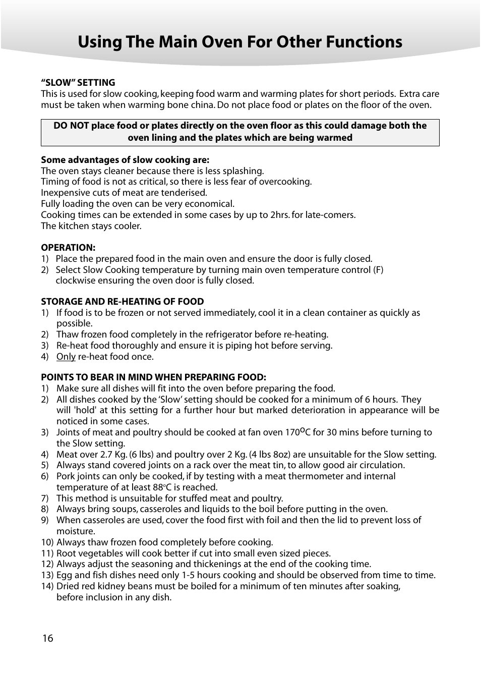 Using the main oven for other functions | Creda M152E User Manual | Page 16 / 20