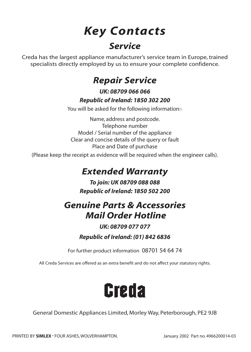 Key contacts, Service, Repair service | Extended warranty, Genuine parts & accessories mail order hotline | Creda M152E User Manual | Page 20 / 20