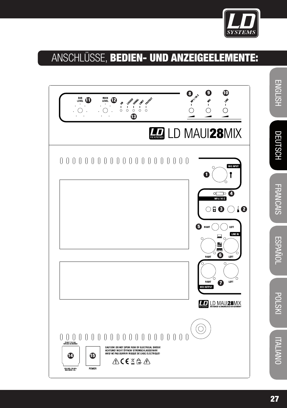Anschlüsse, bedien- und anzeigeelemente | LD Systems MAUI 28 MIX User Manual | Page 27 / 124