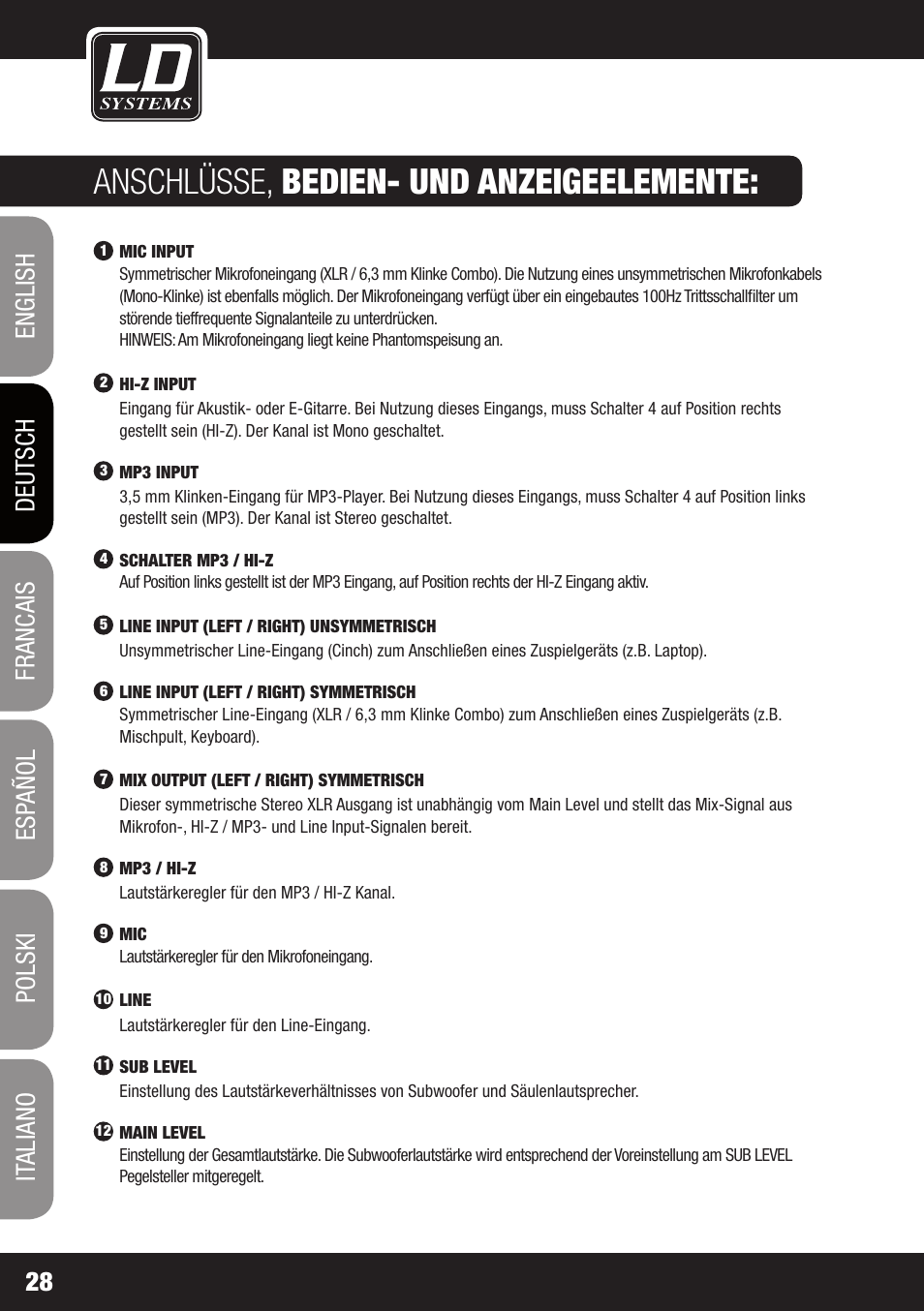 Anschlüsse, bedien- und anzeigeelemente | LD Systems MAUI 28 MIX User Manual | Page 28 / 124
