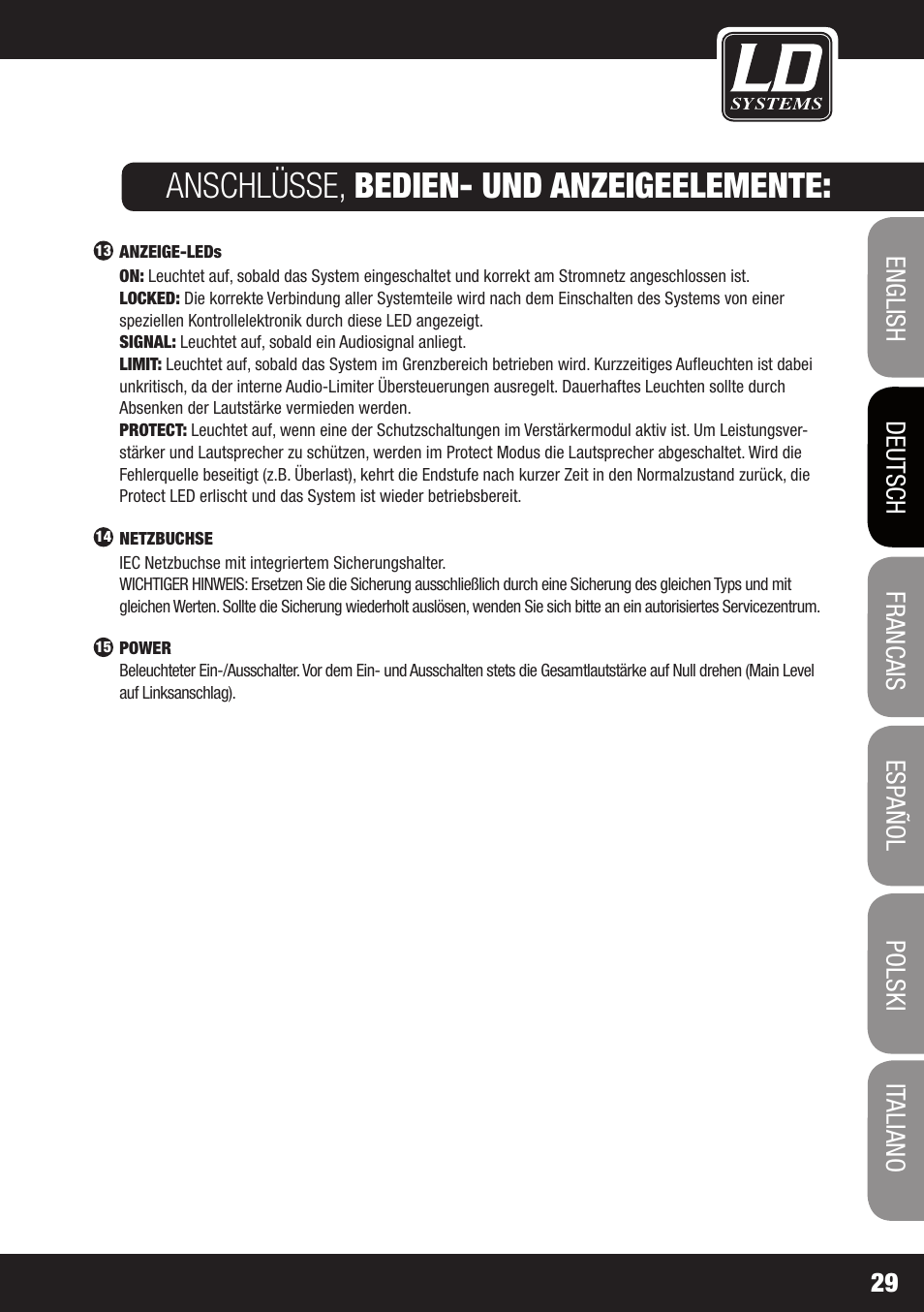 Anschlüsse, bedien- und anzeigeelemente | LD Systems MAUI 28 MIX User Manual | Page 29 / 124