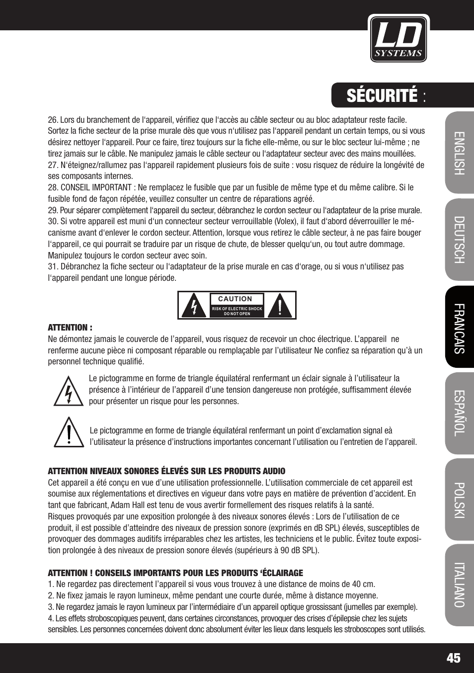 Sécurité | LD Systems MAUI 28 MIX User Manual | Page 45 / 124