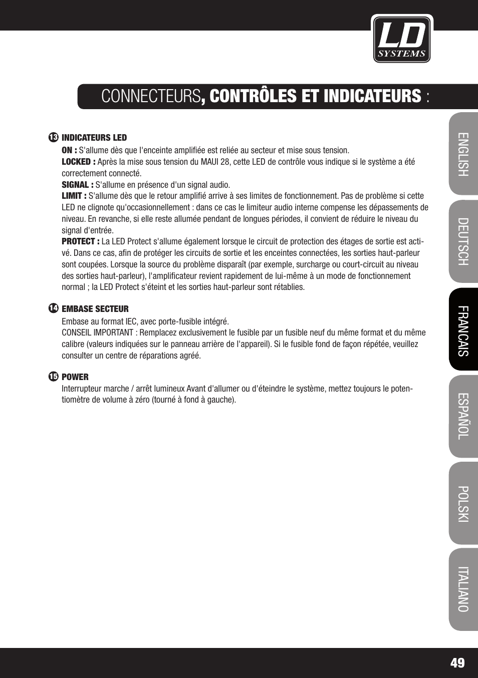 Connecteurs , contrôles et indicateurs | LD Systems MAUI 28 MIX User Manual | Page 49 / 124