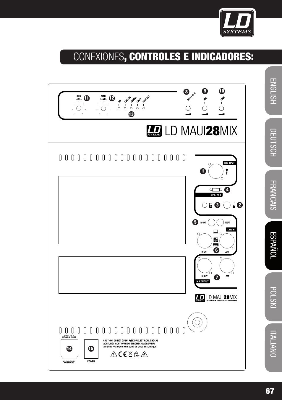 Conexiones , controles e indicadores | LD Systems MAUI 28 MIX User Manual | Page 67 / 124