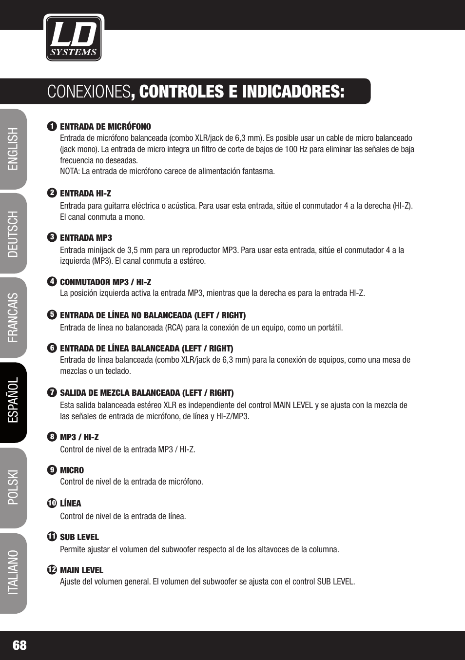 Conexiones , controles e indicadores | LD Systems MAUI 28 MIX User Manual | Page 68 / 124