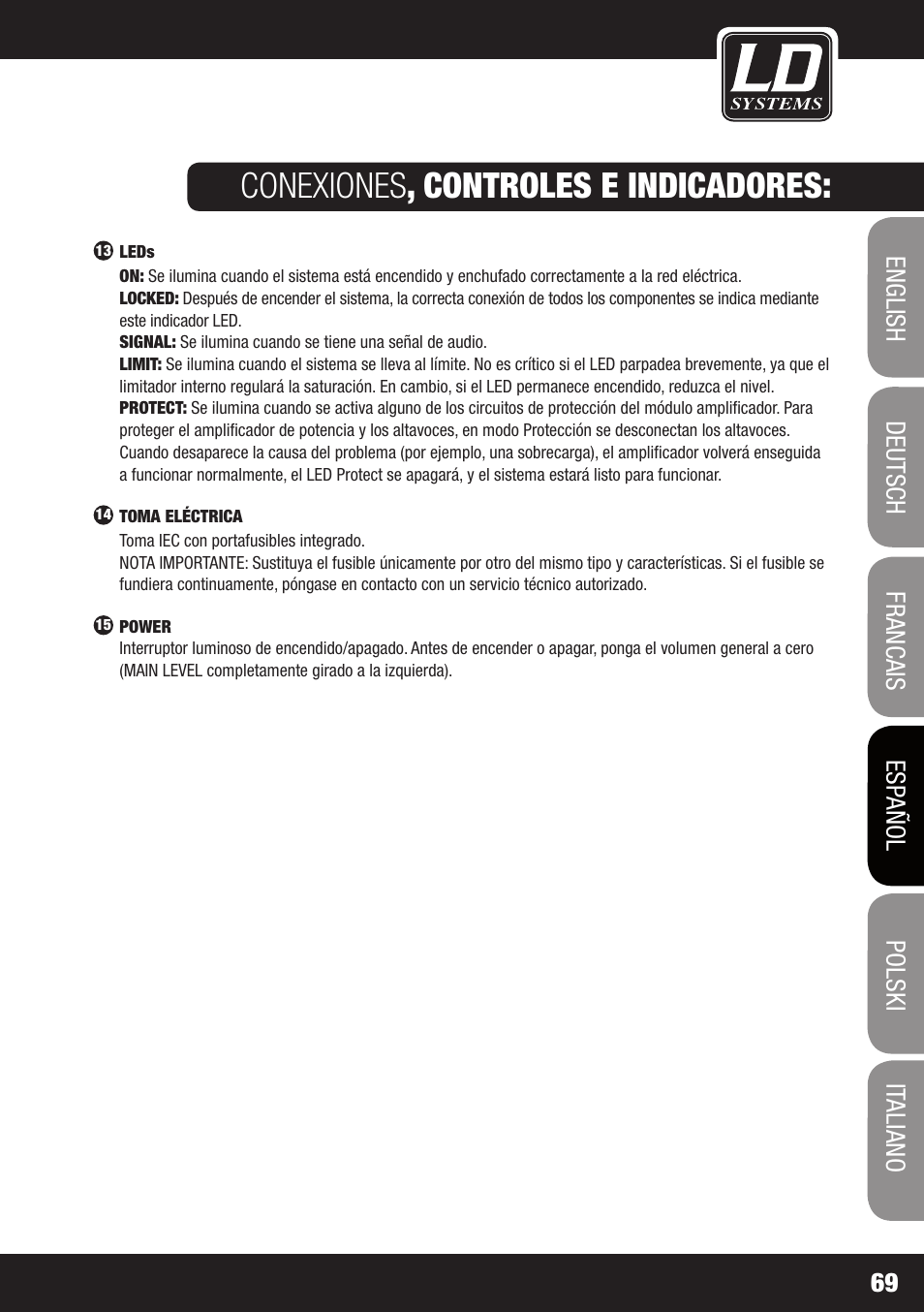 Conexiones , controles e indicadores | LD Systems MAUI 28 MIX User Manual | Page 69 / 124