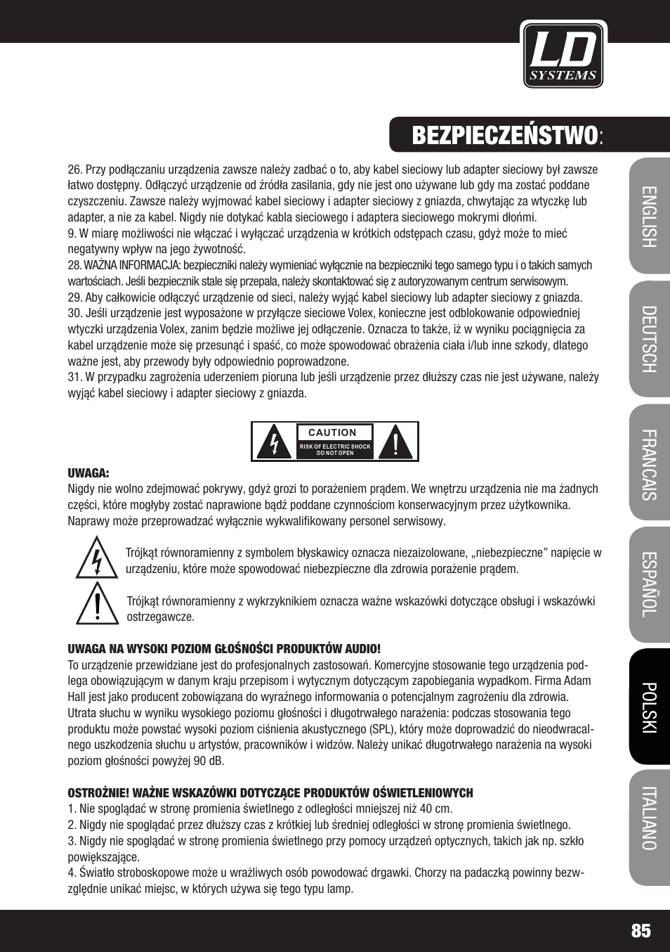 Bezpieczeństwo | LD Systems MAUI 28 MIX User Manual | Page 85 / 124