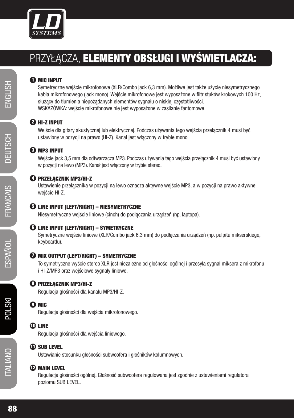 Przyłącza, elementy obsługi i wyświetlacza | LD Systems MAUI 28 MIX User Manual | Page 88 / 124