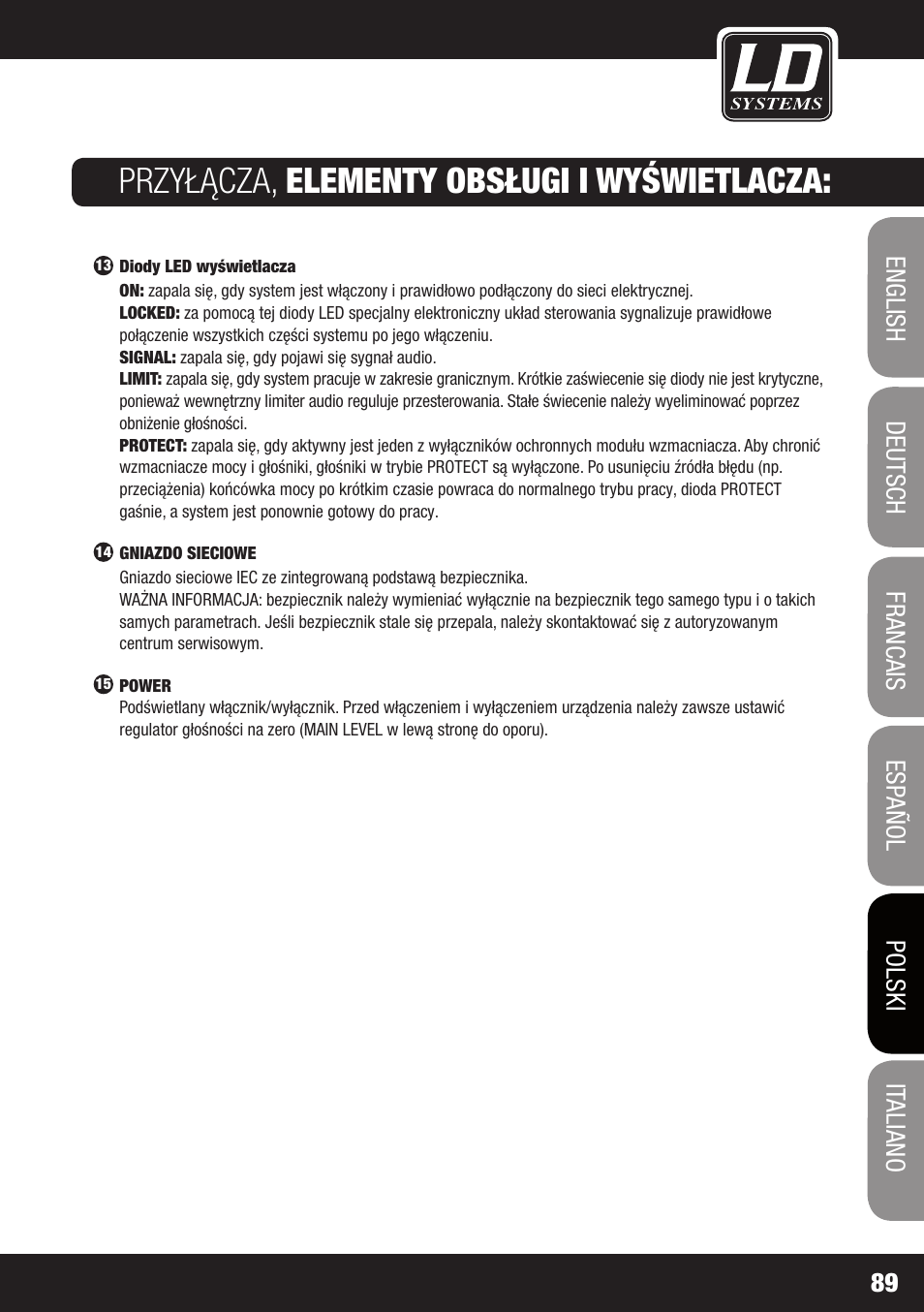 Przyłącza, elementy obsługi i wyświetlacza | LD Systems MAUI 28 MIX User Manual | Page 89 / 124