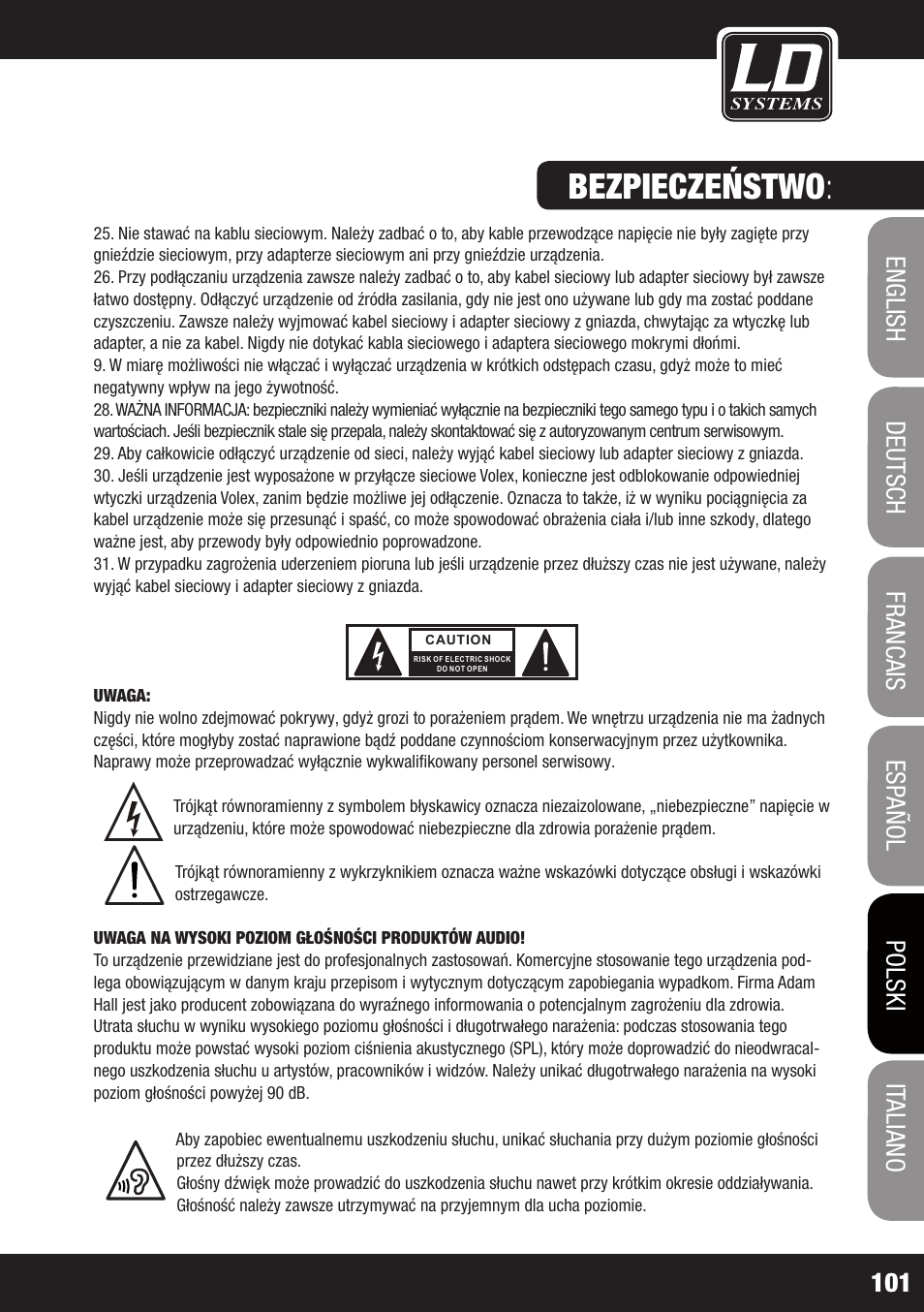 Bezpieczeństwo | LD Systems MAUI 44 User Manual | Page 101 / 148