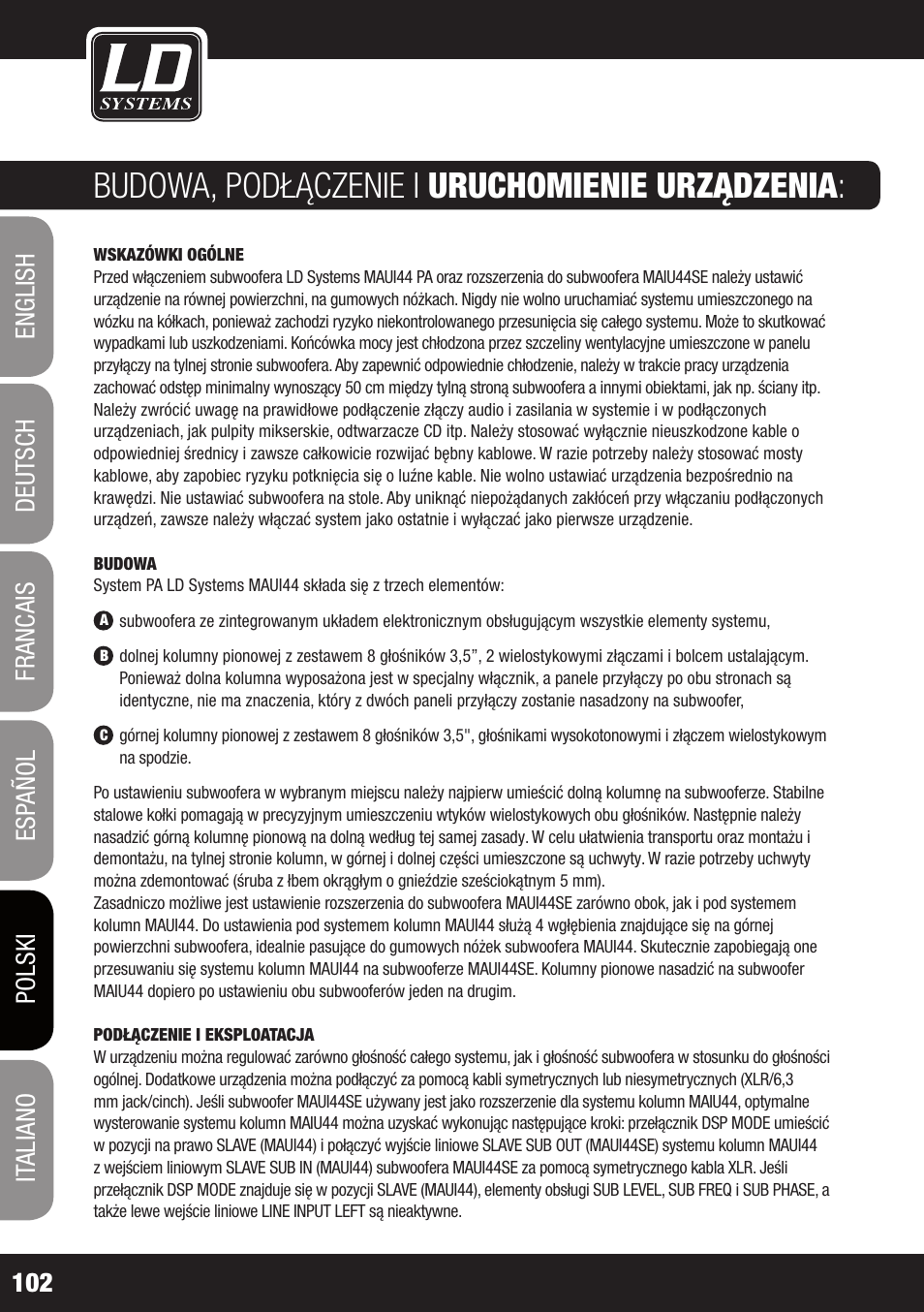 Budowa, podłączenie i uruchomienie urządzenia | LD Systems MAUI 44 User Manual | Page 102 / 148