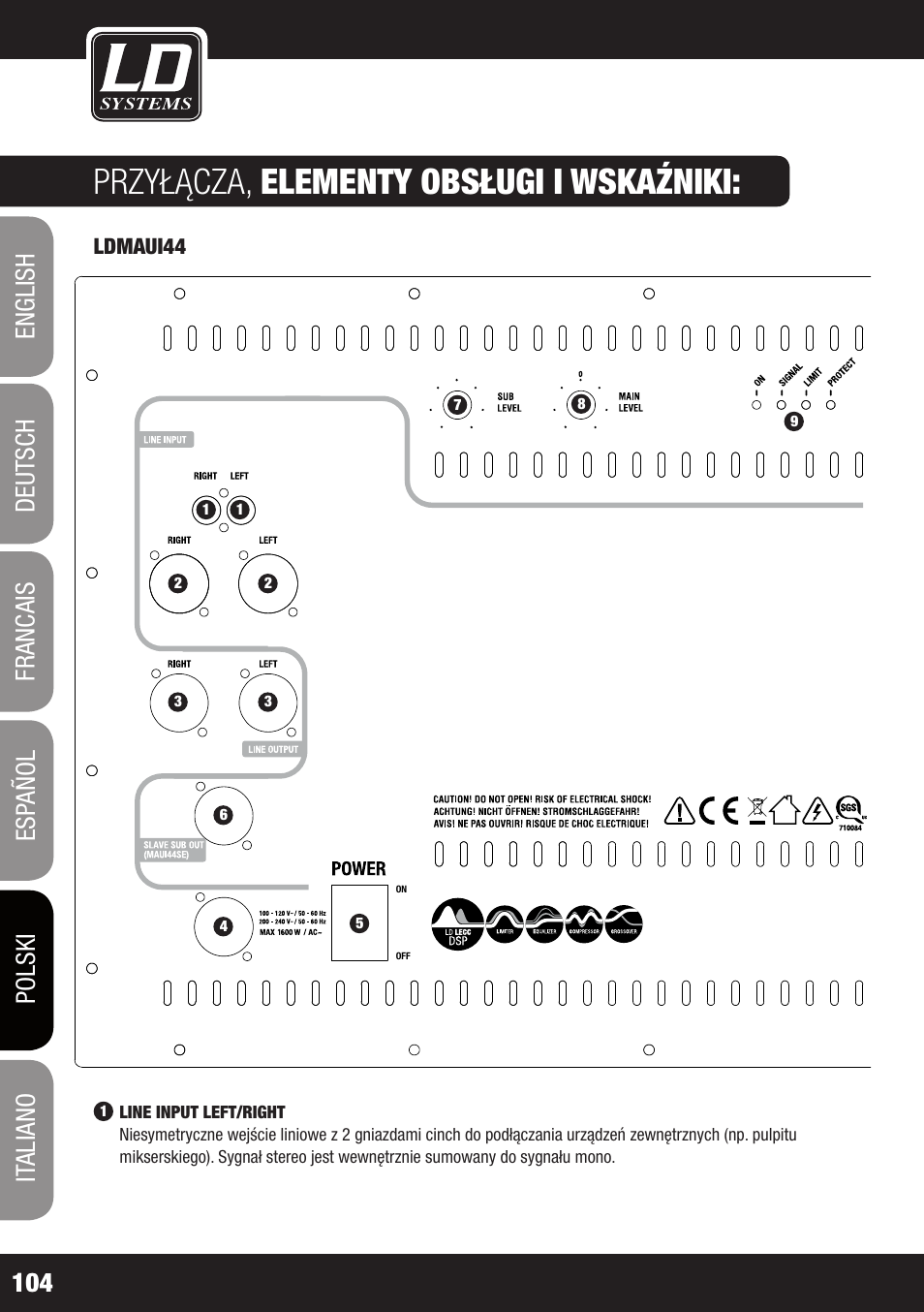 Przyłącza, elementy obsługi i wskaźniki | LD Systems MAUI 44 User Manual | Page 104 / 148