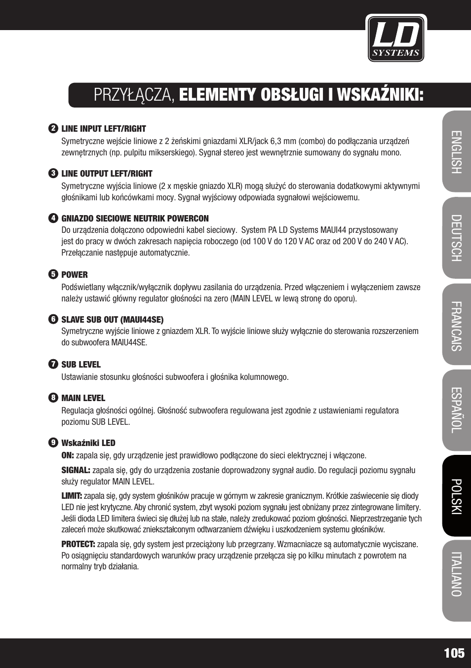 Przyłącza, elementy obsługi i wskaźniki | LD Systems MAUI 44 User Manual | Page 105 / 148