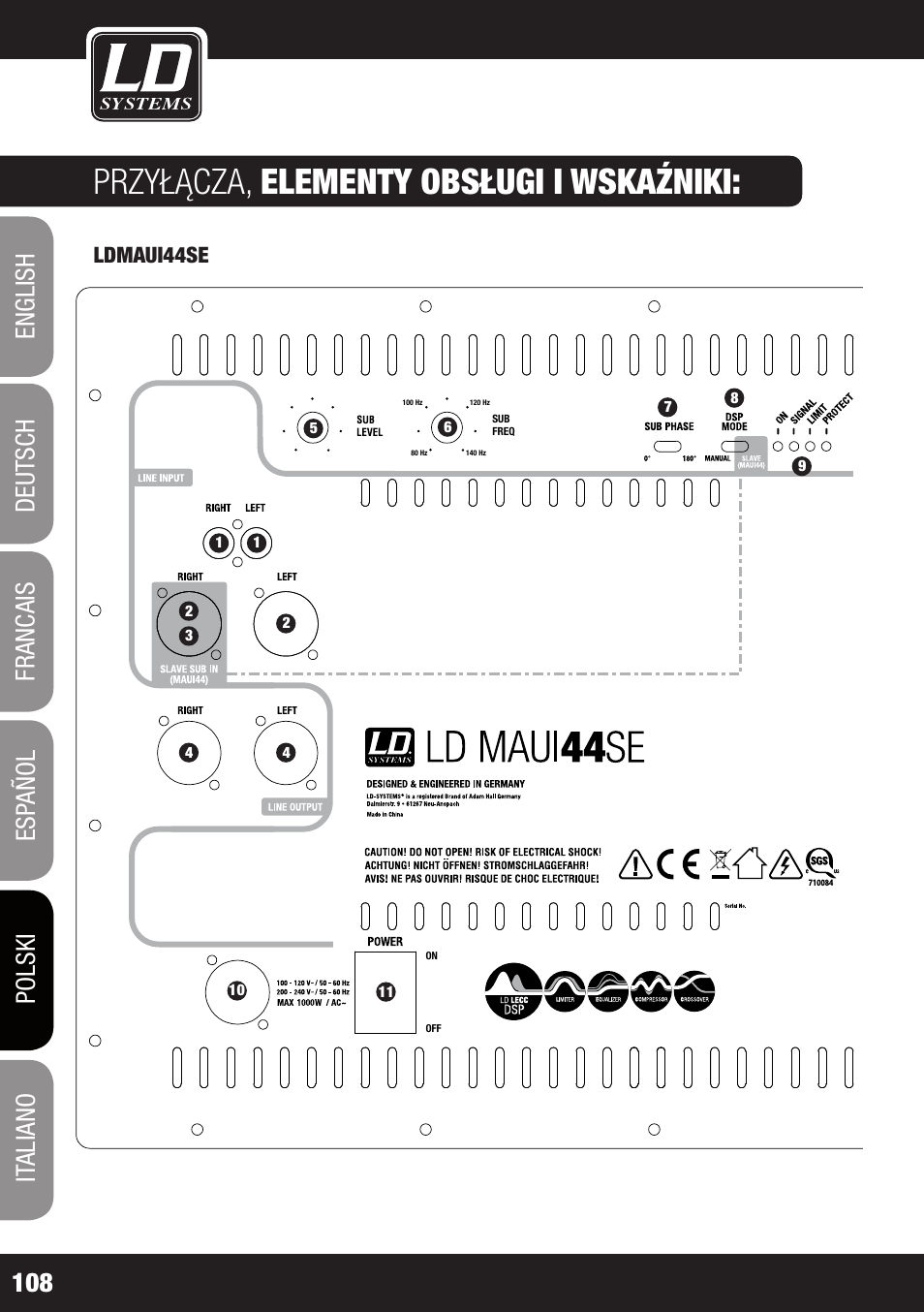 Przyłącza, elementy obsługi i wskaźniki | LD Systems MAUI 44 User Manual | Page 108 / 148