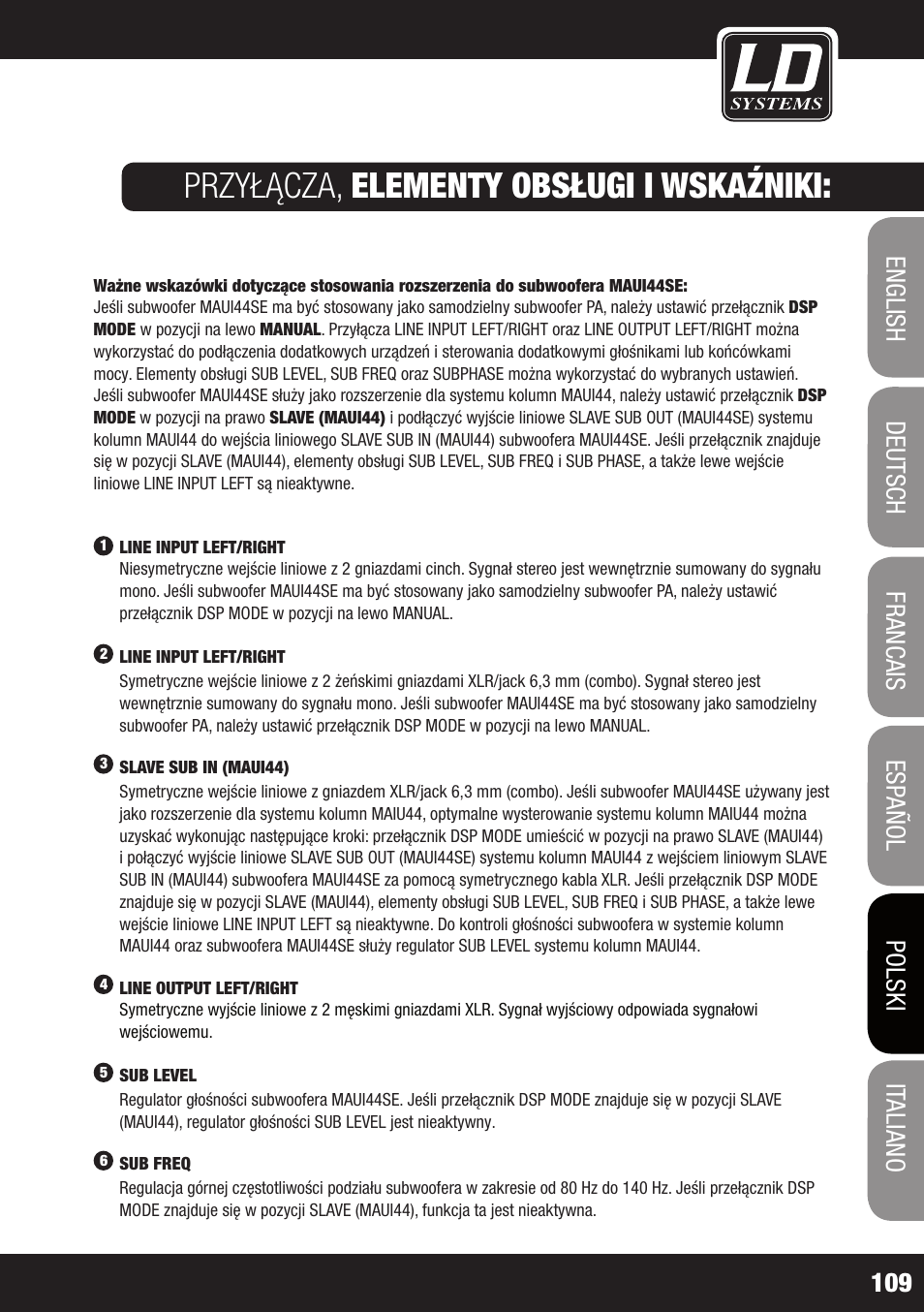 Przyłącza, elementy obsługi i wskaźniki | LD Systems MAUI 44 User Manual | Page 109 / 148
