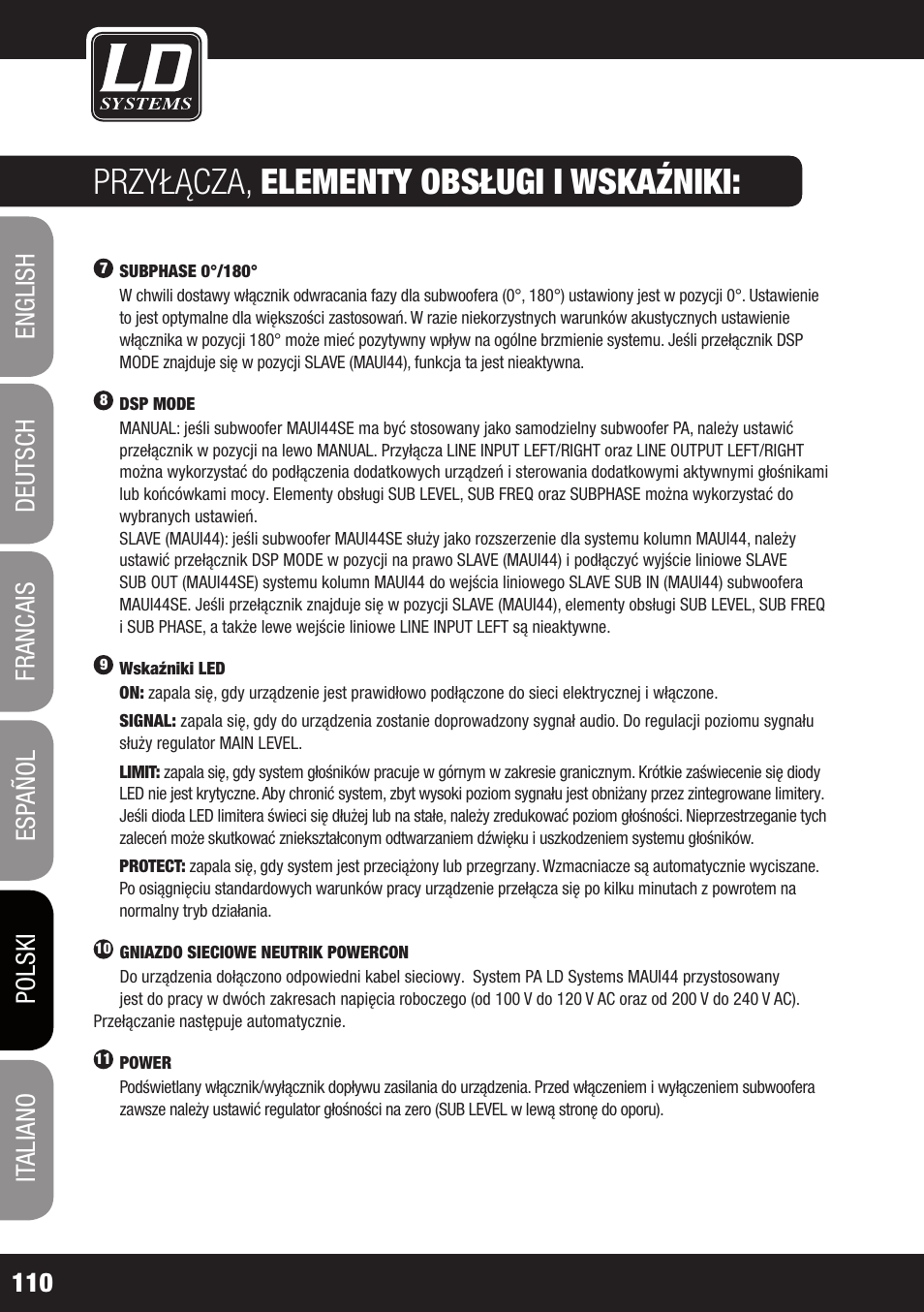 Przyłącza, elementy obsługi i wskaźniki | LD Systems MAUI 44 User Manual | Page 110 / 148