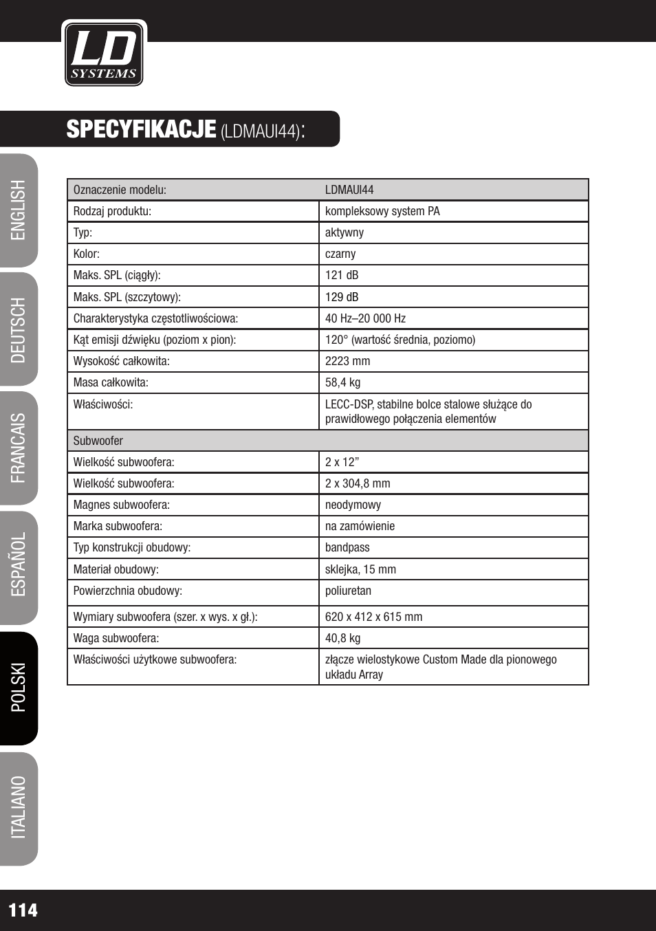 Specyfikacje, Ldmaui44) | LD Systems MAUI 44 User Manual | Page 114 / 148