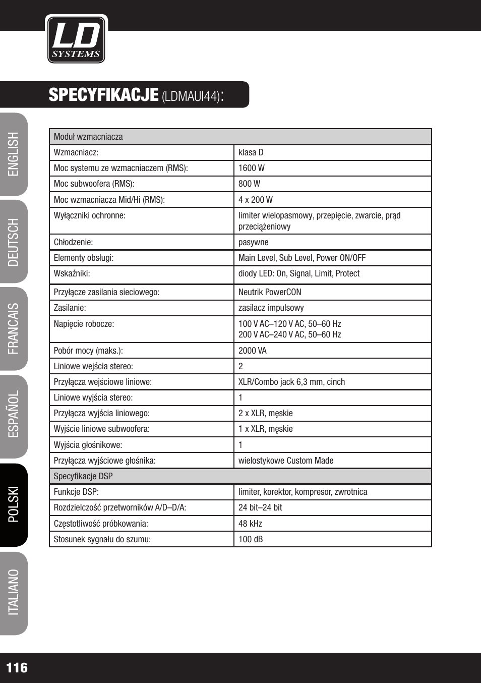 Specyfikacje, Ldmaui44) | LD Systems MAUI 44 User Manual | Page 116 / 148