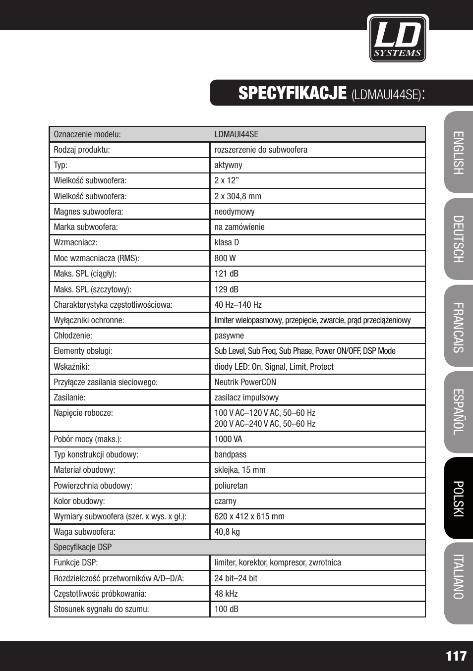 Specyfikacje, Ldmaui44se) | LD Systems MAUI 44 User Manual | Page 117 / 148