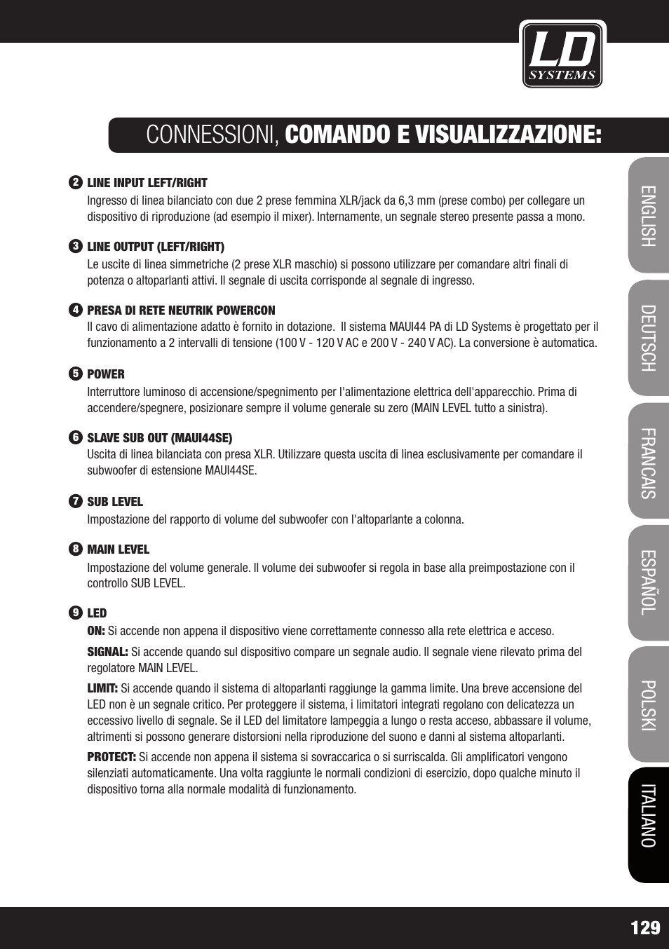 Connessioni, comando e visualizzazione | LD Systems MAUI 44 User Manual | Page 129 / 148