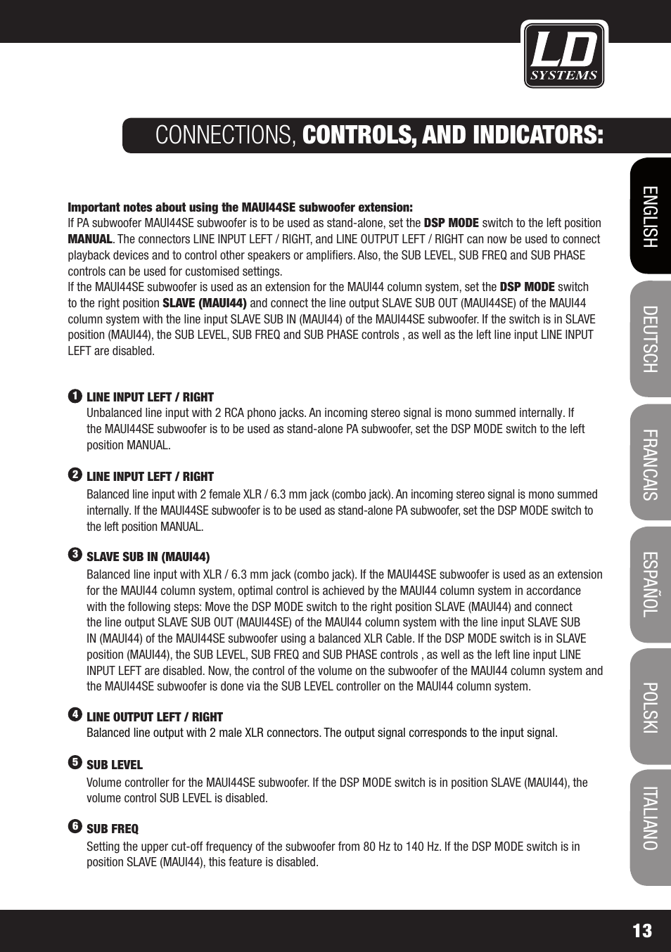 Connections, controls, and indicators | LD Systems MAUI 44 User Manual | Page 13 / 148