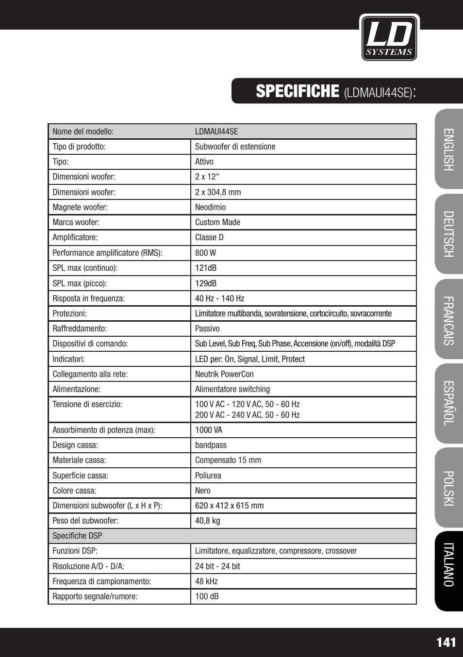 Specifiche, Ldmaui44se) | LD Systems MAUI 44 User Manual | Page 141 / 148