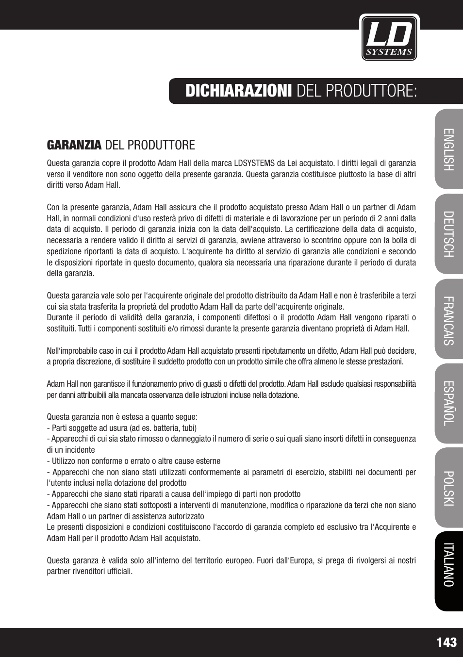 Dichiarazioni del produttore | LD Systems MAUI 44 User Manual | Page 143 / 148