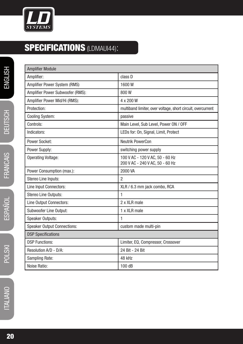 Specifications, Ldmaui44) | LD Systems MAUI 44 User Manual | Page 20 / 148